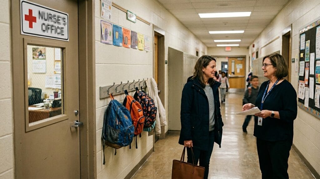 Parent and school staff discussing student health services