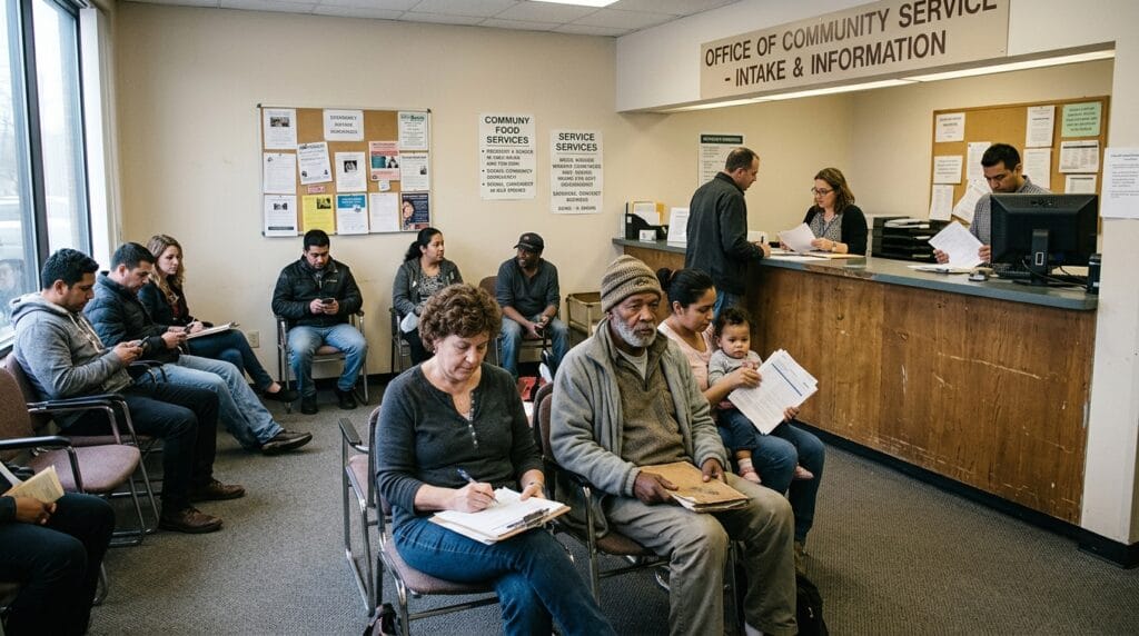 Community service office with people waiting for paperwork assistance