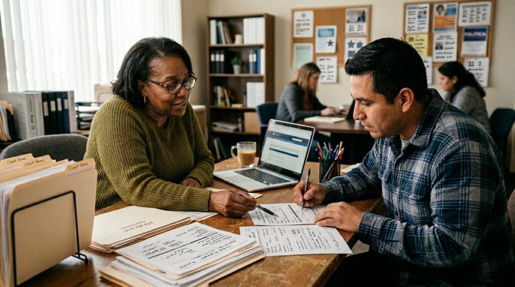 Community support worker helping someone complete important paperwork