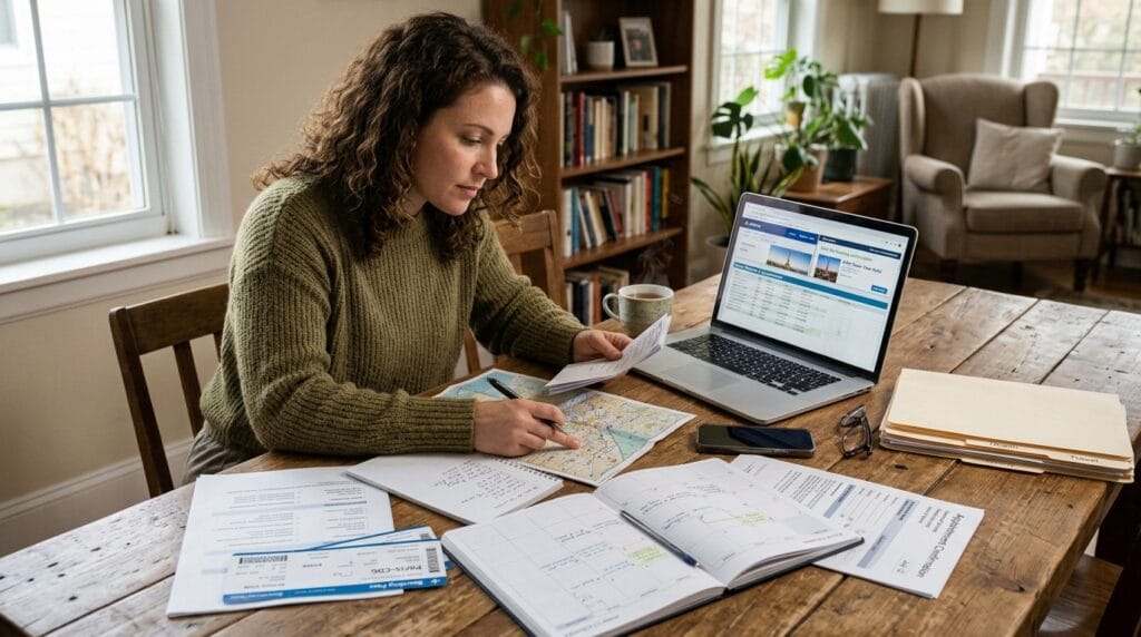 Person organizing appointment paperwork and travel plans at home
