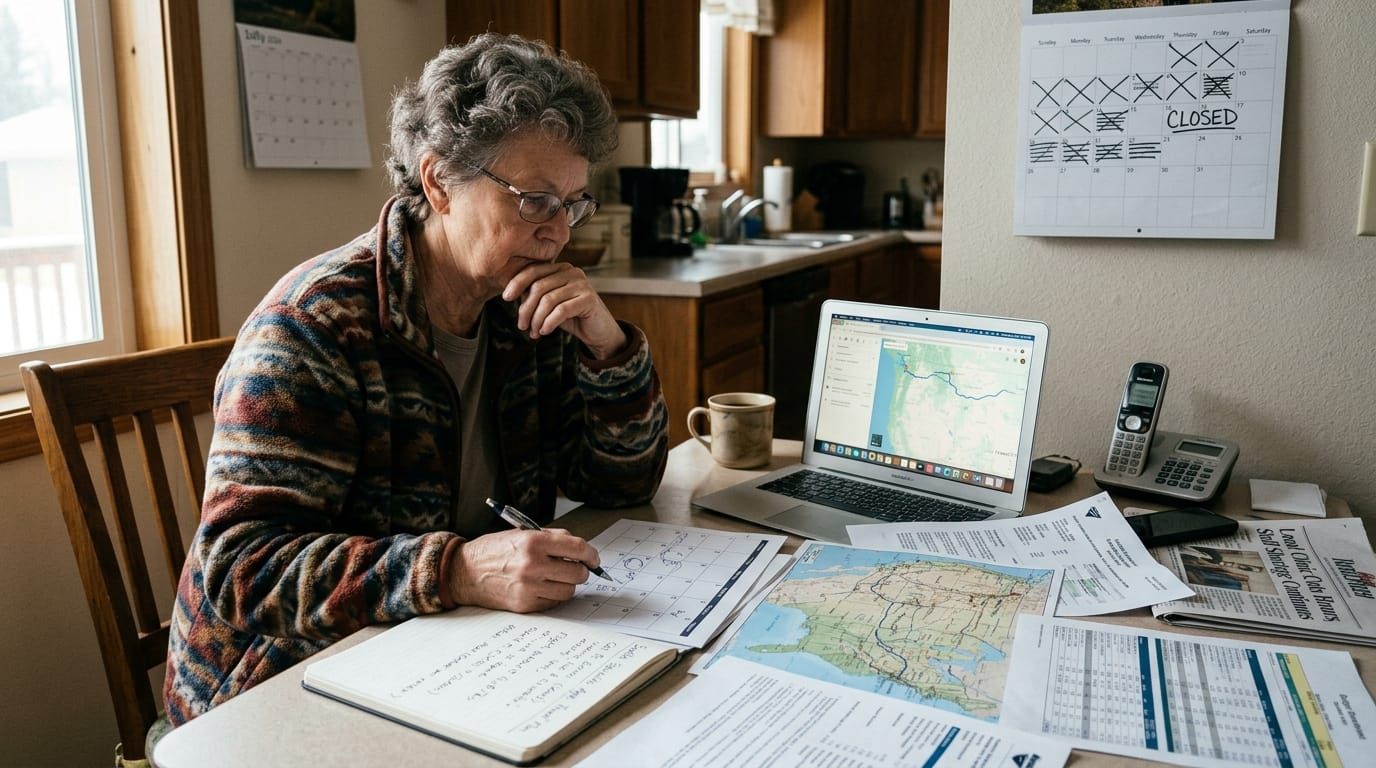 Person planning a long-distance appointment as local care becomes harder to access