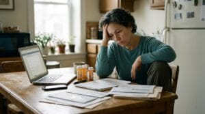 Person reviewing important household paperwork at a kitchen table