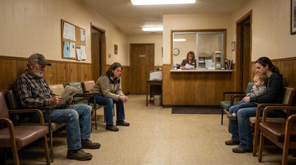 Rural clinic waiting room affected by healthcare funding cuts
