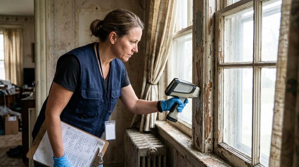 Environmental health inspection of deteriorating paint in older housing to identify potential childhood lead hazards.